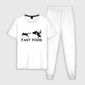 Мужская пижама хлопок с принтом Fast food (черный) в Екатеринбурге, 100% хлопок | брюки и футболка прямого кроя, без карманов, на брюках мягкая резинка на поясе и по низу штанин
 | Тематика изображения на принте: fast food | бег | быстрая еда | быстро | догнать | домашние животные | животные | забавные животные | кот | кот и пес | кошка | ловить | любителю собак | пес | преследовать | прикол | смешное