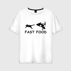 Женская футболка хлопок Oversize с принтом Fast food (черный) в Екатеринбурге, 100% хлопок | свободный крой, круглый ворот, спущенный рукав, длина до линии бедер
 | Тематика изображения на принте: fast food | бег | быстрая еда | быстро | догнать | домашние животные | животные | забавные животные | кот | кот и пес | кошка | ловить | любителю собак | пес | преследовать | прикол | смешное