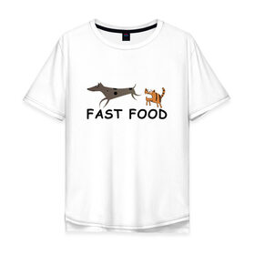 Мужская футболка хлопок Oversize с принтом Fast food (цвет) в Екатеринбурге, 100% хлопок | свободный крой, круглый ворот, “спинка” длиннее передней части | fast food | бег | быстрая еда | быстро | догнать | домашние животные | животные | забавные животные | кот | кот и пес | кошка | кошка бежит | кошка и собака | ловить | любителю кошек | пес | преследовать