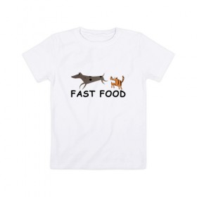 Детская футболка хлопок с принтом Fast food (цвет) в Екатеринбурге, 100% хлопок | круглый вырез горловины, полуприлегающий силуэт, длина до линии бедер | fast food | бег | быстрая еда | быстро | догнать | домашние животные | животные | забавные животные | кот | кот и пес | кошка | кошка бежит | кошка и собака | ловить | любителю кошек | пес | преследовать