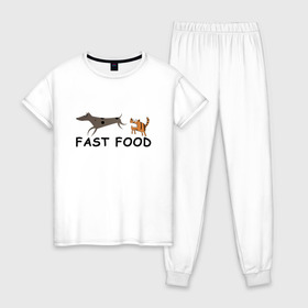 Женская пижама хлопок с принтом Fast food (цвет) в Екатеринбурге, 100% хлопок | брюки и футболка прямого кроя, без карманов, на брюках мягкая резинка на поясе и по низу штанин | fast food | бег | быстрая еда | быстро | догнать | домашние животные | животные | забавные животные | кот | кот и пес | кошка | кошка бежит | кошка и собака | ловить | любителю кошек | пес | преследовать