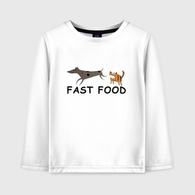 Детский лонгслив хлопок с принтом Fast food (цвет) в Екатеринбурге, 100% хлопок | круглый вырез горловины, полуприлегающий силуэт, длина до линии бедер | fast food | бег | быстрая еда | быстро | догнать | домашние животные | животные | забавные животные | кот | кот и пес | кошка | кошка бежит | кошка и собака | ловить | любителю кошек | пес | преследовать