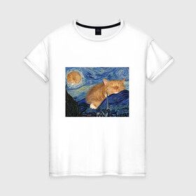 Женская футболка хлопок с принтом Звёздная ночь и коты в Екатеринбурге, 100% хлопок | прямой крой, круглый вырез горловины, длина до линии бедер, слегка спущенное плечо | арт | ван гог | животные | звёздная ночь | искусство | картина | котик | коты | кошка | мем | прикол | смешная картинка | юмор