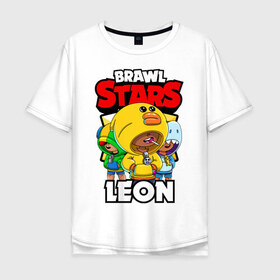 Мужская футболка хлопок Oversize с принтом BRAWL STARS LEON в Екатеринбурге, 100% хлопок | свободный крой, круглый ворот, “спинка” длиннее передней части | brawl stars | brawl stars leon | brawler | leon | sally | shark | акула | бравл старз | бравлер | леон | салли