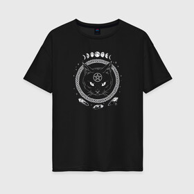 Женская футболка хлопок Oversize с принтом Кот во тьме в Екатеринбурге, 100% хлопок | свободный крой, круглый ворот, спущенный рукав, длина до линии бедер
 | кот | кристаллы | лунный цикл | пентаграмма | рисунок | тьма