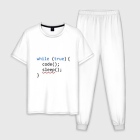 Мужская пижама хлопок с принтом Code - sleep в Екатеринбурге, 100% хлопок | брюки и футболка прямого кроя, без карманов, на брюках мягкая резинка на поясе и по низу штанин
 | Тематика изображения на принте: c | c++ | code | coder | computer | hacker | java | programm | tag | жизнь | код | кодер | программа | программист | сон | хакер | хочу спать
