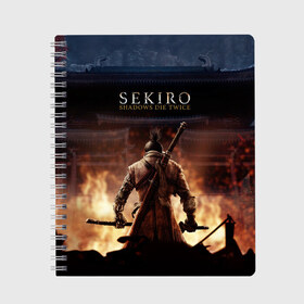 Тетрадь с принтом Sekiro Shadows Die Twice в Екатеринбурге, 100% бумага | 48 листов, плотность листов — 60 г/м2, плотность картонной обложки — 250 г/м2. Листы скреплены сбоку удобной пружинной спиралью. Уголки страниц и обложки скругленные. Цвет линий — светло-серый
 | Тематика изображения на принте: japan | sekiro | однорукий волк | самурай | секиро | сэнгоку | экшн | япония