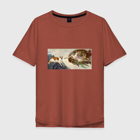 Мужская футболка хлопок Oversize с принтом Сотворение Адама и кот в Екатеринбурге, 100% хлопок | свободный крой, круглый ворот, “спинка” длиннее передней части | mem | memes | весело | искусство | кот | котик | мем | прикол | сотворение адама