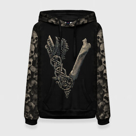 Женская толстовка 3D с принтом Vikings (bones logo) в Екатеринбурге, 100% полиэстер  | двухслойный капюшон со шнурком для регулировки, мягкие манжеты на рукавах и по низу толстовки, спереди карман-кенгуру с мягким внутренним слоем. | bones | good | skull | viking | vikings | бог | викинг | викинги | кости | скандинавы | череп | язычник