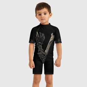 Детский купальный костюм 3D с принтом Vikings (bones logo) в Екатеринбурге, Полиэстер 85%, Спандекс 15% | застежка на молнии на спине | Тематика изображения на принте: bones | good | skull | viking | vikings | бог | викинг | викинги | кости | скандинавы | череп | язычник