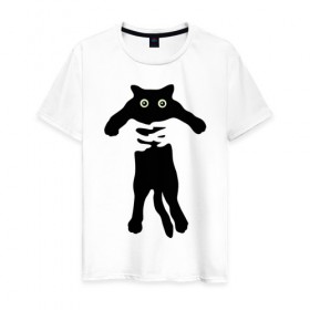 Мужская футболка хлопок с принтом Черный кот в руках в Екатеринбурге, 100% хлопок | прямой крой, круглый вырез горловины, длина до линии бедер, слегка спущенное плечо. | cat | в руках | глаза | животное | кот | котенок | кошка | милый | черный