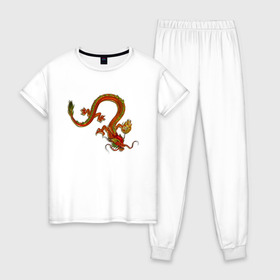 Женская пижама хлопок с принтом Metallized Red Dragon в Екатеринбурге, 100% хлопок | брюки и футболка прямого кроя, без карманов, на брюках мягкая резинка на поясе и по низу штанин | азиатский дракон | восточный дракон | год дракона | дракон | змей | китайский дракон | китайский змей | красный дракон | металлический дракон | огненный дракон | японский дракон | яркий дракон