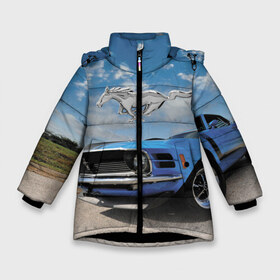 Зимняя куртка для девочек 3D с принтом Mustang в Екатеринбурге, ткань верха — 100% полиэстер; подклад — 100% полиэстер, утеплитель — 100% полиэстер. | длина ниже бедра, удлиненная спинка, воротник стойка и отстегивающийся капюшон. Есть боковые карманы с листочкой на кнопках, утяжки по низу изделия и внутренний карман на молнии. 

Предусмотрены светоотражающий принт на спинке, радужный светоотражающий элемент на пуллере молнии и на резинке для утяжки. | car | hoofs | horse | jump | mane | motorsport | mustang | power | race | sky | tail | usa | автомобиль | автоспорт | гонка | грива | копыта | лошадь | мощь | мустанг | небо | облака | скачка | сша | хвост