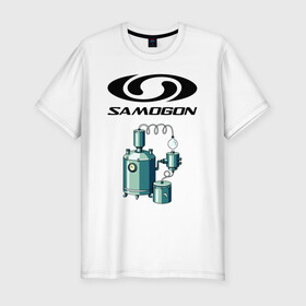 Мужская футболка хлопок Slim с принтом SAMOGON в Екатеринбурге, 92% хлопок, 8% лайкра | приталенный силуэт, круглый вырез ворота, длина до линии бедра, короткий рукав | salomon | прикол | приколы | самогон | шутка | юмор