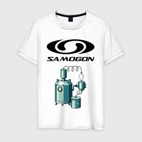 Мужская футболка хлопок с принтом SAMOGON в Екатеринбурге, 100% хлопок | прямой крой, круглый вырез горловины, длина до линии бедер, слегка спущенное плечо. | salomon | прикол | приколы | самогон | шутка | юмор