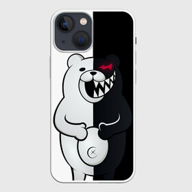 Чехол для iPhone 13 mini с принтом Монокума схватился за живот в Екатеринбурге,  |  | anime | bear | black  white | danganronpa | kurokuma | monodam | monokuma | monomi | monotaro | rabbit | school | shirokuma | аниме | главарь | мoноми | монокума | черно белый | школа