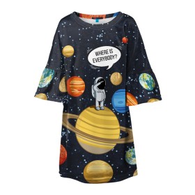 Детское платье 3D с принтом Where is Everybody? в Екатеринбурге, 100% полиэстер | прямой силуэт, чуть расширенный к низу. Круглая горловина, на рукавах — воланы | science | астронавт | астрономия | венера | земля | космонавт | космос | наука | научный | планеты | юпитер