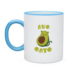 Кружка двухцветная с принтом AvoCato в Екатеринбурге, керамика | объем — 330 мл, диаметр — 80 мм. Цветная ручка и кайма сверху, в некоторых цветах — вся внутренняя часть | Тематика изображения на принте: авокадо | авокадо кот | кот | кот авокадо | котейка | котик | кошечка