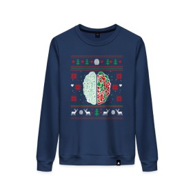 Женский свитшот хлопок с принтом Свитер с мозгом в Екатеринбурге, 100% хлопок | прямой крой, круглый вырез, на манжетах и по низу широкая трикотажная резинка  | science | мозг | наука | новогодний | новогодний мозг | свитер | свитер с мозгом | снежинки