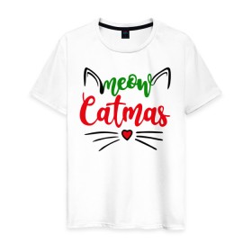 Мужская футболка хлопок с принтом Meow Catmas в Екатеринбурге, 100% хлопок | прямой крой, круглый вырез горловины, длина до линии бедер, слегка спущенное плечо. | 