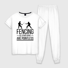 Женская пижама хлопок с принтом Fencing в Екатеринбурге, 100% хлопок | брюки и футболка прямого кроя, без карманов, на брюках мягкая резинка на поясе и по низу штанин | brain | fances | fencing | мозг | рапира | фехтовальщики | фехтование | шпага