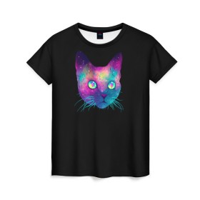 Женская футболка 3D с принтом Котейка в Екатеринбурге, 100% полиэфир ( синтетическое хлопкоподобное полотно) | прямой крой, круглый вырез горловины, длина до линии бедер | cat | space | глаза | голова | животное | звезды | космос | кот | кошка | усы