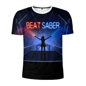 Мужская футболка 3D спортивная с принтом Beat Saber в Екатеринбурге, 100% полиэстер с улучшенными характеристиками | приталенный силуэт, круглая горловина, широкие плечи, сужается к линии бедра | Тематика изображения на принте: 3d | 3д | beat | saber | виртуальная | игра | реальность | ритм