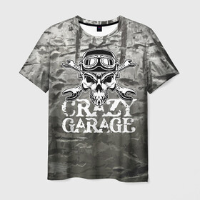 Мужская футболка 3D с принтом Crazy garage в Екатеринбурге, 100% полиэфир | прямой крой, круглый вырез горловины, длина до линии бедер | bones | garage | helmet | metal | orbits | skull | teeth | wrench | гаечный ключ | гараж | глазницы | зубы | металл | череп | шлем