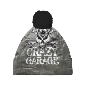 Шапка 3D c помпоном с принтом Crazy garage в Екатеринбурге, 100% полиэстер | универсальный размер, печать по всей поверхности изделия | Тематика изображения на принте: bones | garage | helmet | metal | orbits | skull | teeth | wrench | гаечный ключ | гараж | глазницы | зубы | металл | череп | шлем