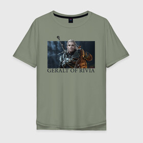 Мужская футболка хлопок Oversize с принтом GERALT OF RIVIA в Екатеринбурге, 100% хлопок | свободный крой, круглый ворот, “спинка” длиннее передней части | Тематика изображения на принте: geralt of rivia | witcher | ведьмак | геральт из ривии | игра ведьмак | сериал ведьмак