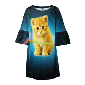 Детское платье 3D с принтом Рыжий Котик в Екатеринбурге, 100% полиэстер | прямой силуэт, чуть расширенный к низу. Круглая горловина, на рукавах — воланы | Тематика изображения на принте: cat | cats | животные | киса | киска | кот | котики | коты | котэ | кошка | природа