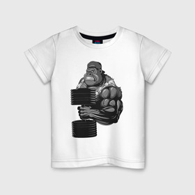 Детская футболка хлопок с принтом Горилла в Екатеринбурге, 100% хлопок | круглый вырез горловины, полуприлегающий силуэт, длина до линии бедер | бодибилдер | боец | горилла | громила | животные | здоровенный | здоровый | здоровье | мужик | рисунок | сила | сильный | спорт | спортсмен | стикер | тату