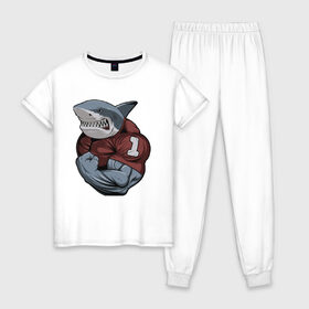 Женская пижама хлопок с принтом Shark в Екатеринбурге, 100% хлопок | брюки и футболка прямого кроя, без карманов, на брюках мягкая резинка на поясе и по низу штанин | shark | акула | бодибилдер | боец | громила | животные | здоровенный | здоровый | здоровье | мужик | рисунок | сила | сильный | спорт | спортсмен | стикер | тату