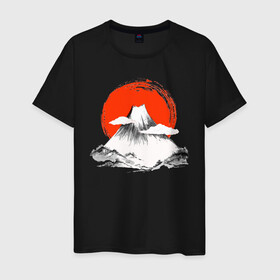 Мужская футболка хлопок с принтом Гора Фудзияма в Екатеринбурге, 100% хлопок | прямой крой, круглый вырез горловины, длина до линии бедер, слегка спущенное плечо. | Тематика изображения на принте: japan | japanese | акварель | восходящие солнце | гора | закат | искуство | красками | краски | красное | на груди | облака | облако | пейзаж | склон | солнце | солнышко | спереди | туристическая | фудзияма