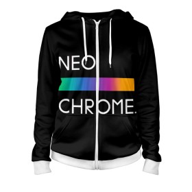 Женская толстовка 3D на молнии с принтом NEO CHROME в Екатеринбурге, 100% полиэстер | длина до линии бедра, манжеты и пояс оформлены мягкой тканевой резинкой, двухслойный капюшон со шнурком для регулировки, спереди молния, по бокам два кармана | rgb | контрастный | круг | металл | мудрость | мысль | надпись | палитра | радуга | радужный | символ | сфера | текст | фраза | цветной | яркий