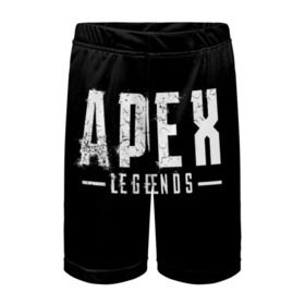 Детские спортивные шорты 3D с принтом Apex Legends в Екатеринбурге,  100% полиэстер
 | пояс оформлен широкой мягкой резинкой, ткань тянется
 | Тематика изображения на принте: apex | game | legends | titanfall | апекс | апекс легендс | игра | легендс | шутер