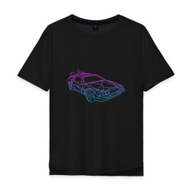 Мужская футболка хлопок Oversize с принтом DeLorean gradient в Екатеринбурге, 100% хлопок | свободный крой, круглый ворот, “спинка” длиннее передней части | Тематика изображения на принте: автомобиль | арт | градиент | машина | неон | силуэт | тачка | фильм | цвета