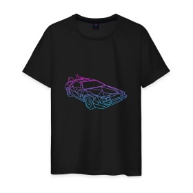 Мужская футболка хлопок с принтом DeLorean gradient в Екатеринбурге, 100% хлопок | прямой крой, круглый вырез горловины, длина до линии бедер, слегка спущенное плечо. | Тематика изображения на принте: автомобиль | арт | градиент | машина | неон | силуэт | тачка | фильм | цвета