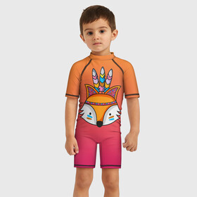 Детский купальный костюм 3D с принтом Лиса Индеец в Екатеринбурге, Полиэстер 85%, Спандекс 15% | застежка на молнии на спине | fox | венок | животные | лиса | лисенок | лисичка | полевые цветы | полынь | рисунок | ромашки | стикер | цветы