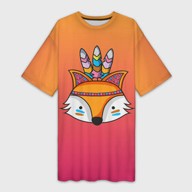Платье-футболка 3D с принтом Лиса Индеец в Екатеринбурге,  |  | Тематика изображения на принте: fox | венок | животные | лиса | лисенок | лисичка | полевые цветы | полынь | рисунок | ромашки | стикер | цветы