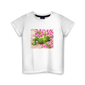 Детская футболка хлопок с принтом Кермит и сердечки в Екатеринбурге, 100% хлопок | круглый вырез горловины, полуприлегающий силуэт, длина до линии бедер | интернет мем | кермит | любовь | мем | персонаж | прикол | сердечки | сердца | улица сезам