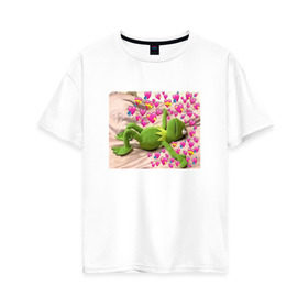 Женская футболка хлопок Oversize с принтом Кермит и сердечки в Екатеринбурге, 100% хлопок | свободный крой, круглый ворот, спущенный рукав, длина до линии бедер
 | интернет мем | кермит | любовь | мем | персонаж | прикол | сердечки | сердца | улица сезам
