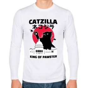 Мужской лонгслив хлопок с принтом Catzilla King of Pawster в Екатеринбурге, 100% хлопок |  | Тематика изображения на принте: cat | catzilla | kitty | paw | pawster | годзилла | кот | котики | коты | кошки | пародия