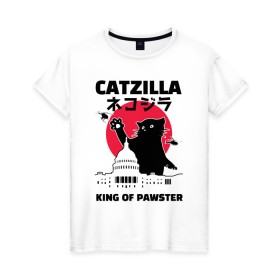 Женская футболка хлопок с принтом Catzilla King of Pawster в Екатеринбурге, 100% хлопок | прямой крой, круглый вырез горловины, длина до линии бедер, слегка спущенное плечо | cat | catzilla | kitty | paw | pawster | годзилла | кот | котики | коты | кошки | пародия