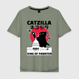 Мужская футболка хлопок Oversize с принтом Catzilla King of Pawster в Екатеринбурге, 100% хлопок | свободный крой, круглый ворот, “спинка” длиннее передней части | cat | catzilla | kitty | paw | pawster | годзилла | кот | котики | коты | кошки | пародия