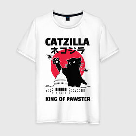 Мужская футболка хлопок с принтом Catzilla King of Pawster в Екатеринбурге, 100% хлопок | прямой крой, круглый вырез горловины, длина до линии бедер, слегка спущенное плечо. | cat | catzilla | kitty | paw | pawster | годзилла | кот | котики | коты | кошки | пародия
