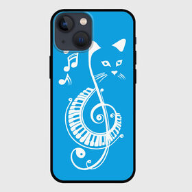 Чехол для iPhone 13 mini с принтом Котик Меломан голубой в Екатеринбурге,  |  | blue | cat | music | musical | white | белый | день | игроман | кот | котик | котиков | котиком | котов | кошек | кошка | меломан | музыка | музыкальный | ноты | с белым | с котом | с нотами | студент | студента | фон