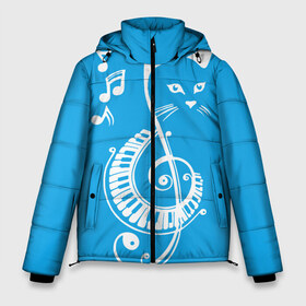 Мужская зимняя куртка 3D с принтом Котик Меломан голубой в Екатеринбурге, верх — 100% полиэстер; подкладка — 100% полиэстер; утеплитель — 100% полиэстер | длина ниже бедра, свободный силуэт Оверсайз. Есть воротник-стойка, отстегивающийся капюшон и ветрозащитная планка. 

Боковые карманы с листочкой на кнопках и внутренний карман на молнии. | Тематика изображения на принте: blue | cat | music | musical | white | белый | день | игроман | кот | котик | котиков | котиком | котов | кошек | кошка | меломан | музыка | музыкальный | ноты | с белым | с котом | с нотами | студент | студента | фон