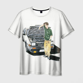 Мужская футболка 3D с принтом Initial D Takumi & Toyota AE 86 в Екатеринбурге, 100% полиэфир | прямой крой, круглый вырез горловины, длина до линии бедер | ae 86 | anime | car | fujiwara | initial d | japan | jdm | levin | stance | takumi | toyota | trueno | автомобили | аниме | гонки | инициал д | такуми