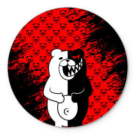 Коврик для мышки круглый с принтом MONOKUMA. в Екатеринбурге, резина и полиэстер | круглая форма, изображение наносится на всю лицевую часть | anime | bear | black  white | danganronpa | kurokuma | monodam | monokuma | monomi | monotaro | pink | rabbit | school | shirokuma | аниме | главарь | мoноми | монокума | черно белый | школа